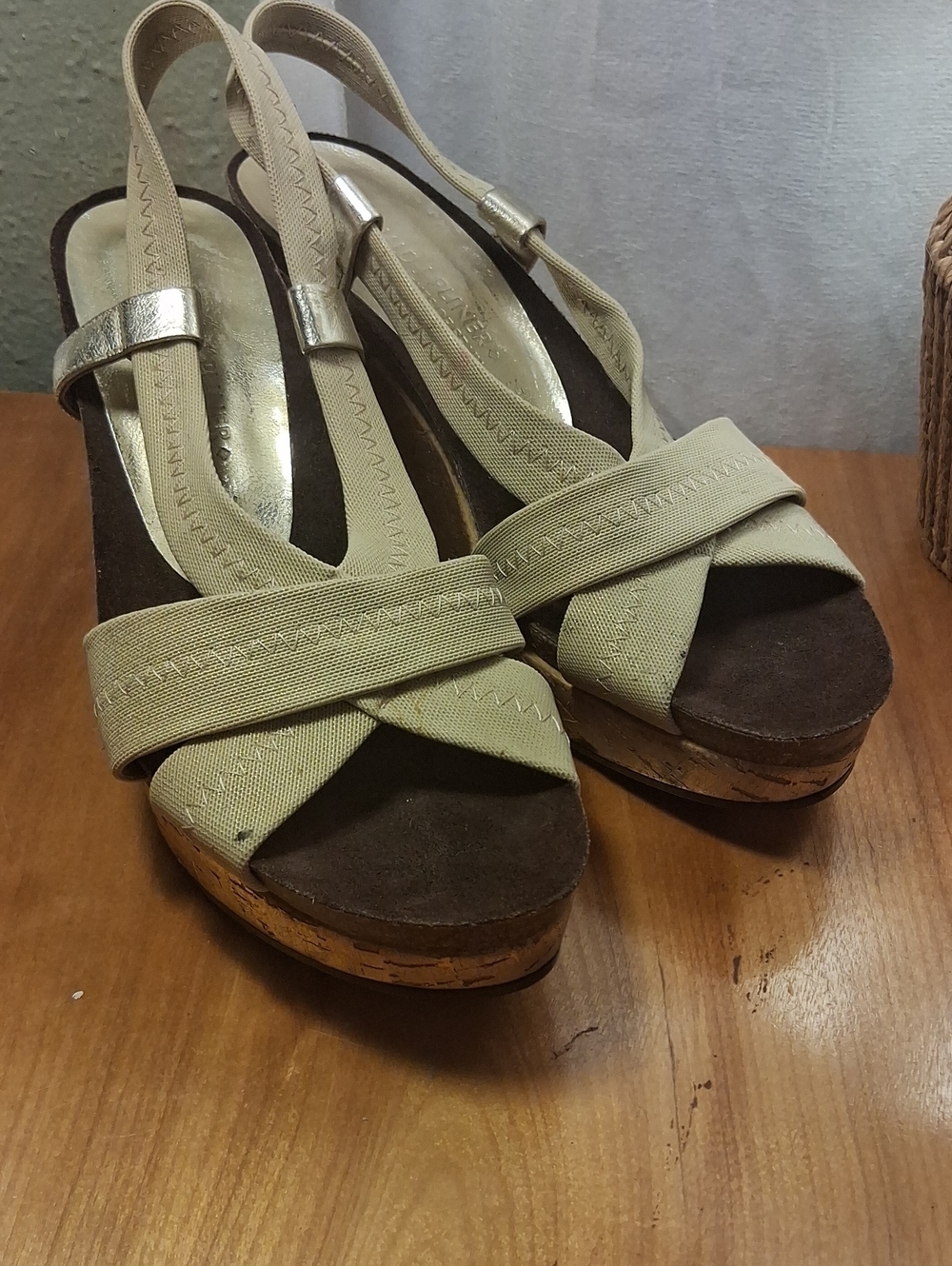 Donald Pliner Beige Cork Wedge Slingback Sandals - Women Size 8.5